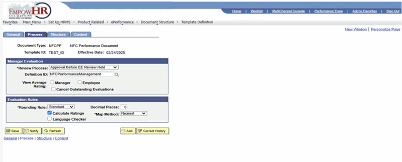 Template Definition Page - Process Tab
